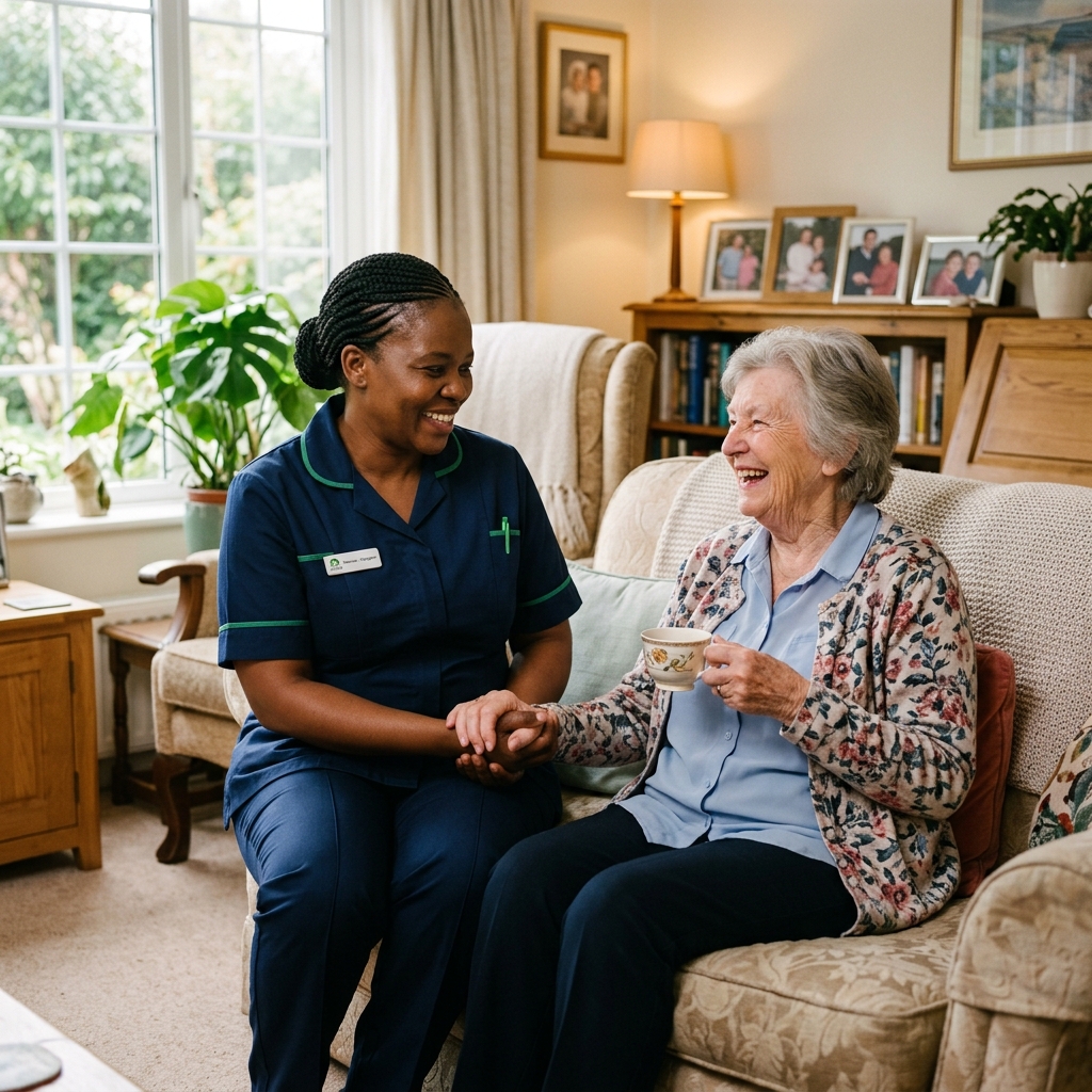 Compassionate caregiver with elderly patient at home
